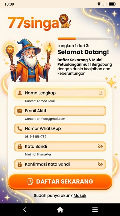 Tampilan halaman daftar 77singa
