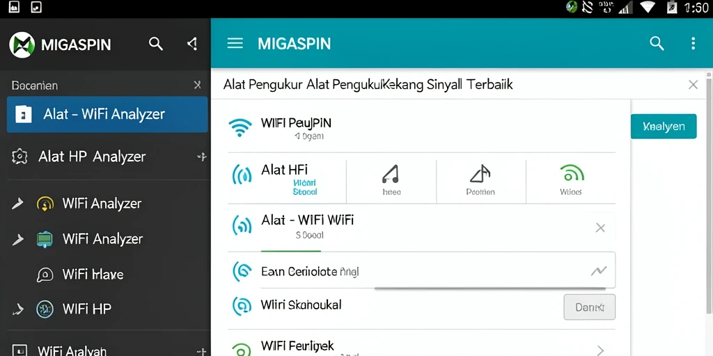 Screenshot utama MIGASPIN menampilkan antarmuka WiFi Analyzer yang informatif.